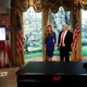 The figures in Madame Tussauds faux Oval Office, with the kiosk to tweet as Melania to the left.